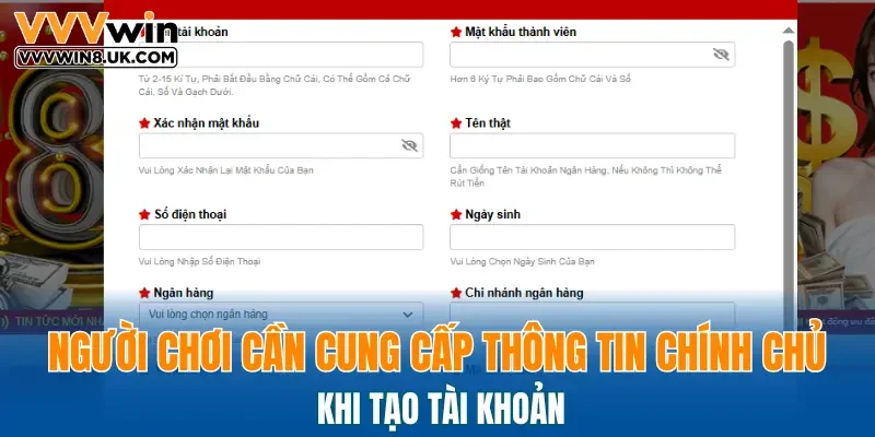 Người chơi cần cung cấp thông tin chính chủ khi tạo tài khoản